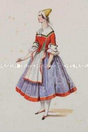 Frau im weiten violetten Rock und rotem Oberteil mit weißer Bluse - Tafel aus Franceschini/Kostümbilder (Kassette 2)
