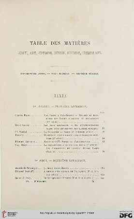 Table des matières: Juillet, août, septembre, octobre, novembre, décembre 1877
