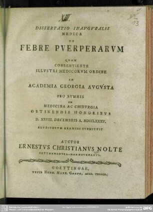 Dissertatio Inauguralis Medica De Febre Puerperarum