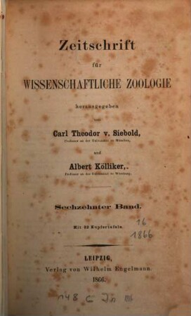 Zeitschrift für wissenschaftliche Zoologie. 16, 16. 1866