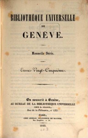 Bibliothèque universelle de Genève. 25/26. 1840