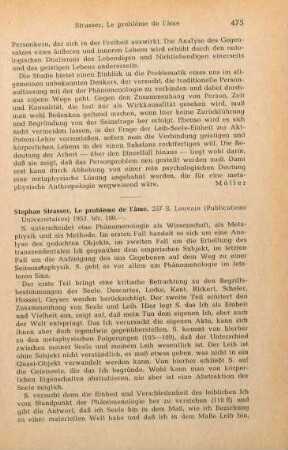 475-476 [Rezension] Strasser, Stephan, Le problème de l'âme