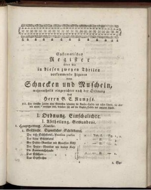 Systematisches Register über die in diesen zweyen Theilen vorkommende Figuren von Schnecken und Muscheln.