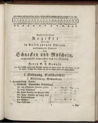 Systematisches Register über die in diesen zweyen Theilen vorkommende Figuren von Schnecken und Muscheln.