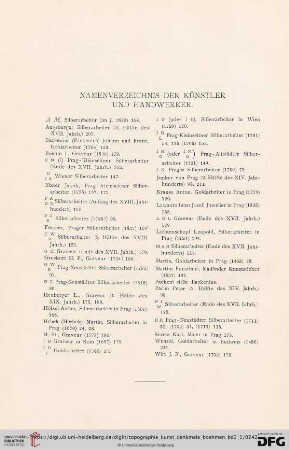 Namenverzeichnis der Künstler und Handwerker