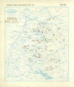 Tafel XII: Karte von Württemberg, Baden und Hohenzollern: Abzugsdaten der Dorfschwalbe in Württemberg 1910