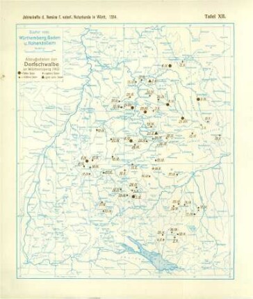 Tafel XII: Karte von Württemberg, Baden und Hohenzollern: Abzugsdaten der Dorfschwalbe in Württemberg 1910