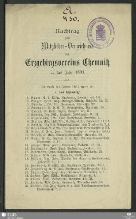 Nachtr. 1891: Mitglieder-Verzeichnis des Erzgebirgs-Vereins Chemnitz