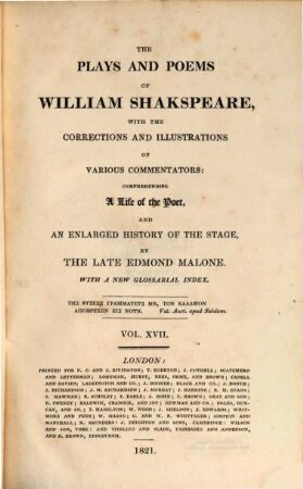 The plays and poems of William Shakspeare : With a new glossarial index. Vol. XVII., Henry IV, part 2. Henry V.