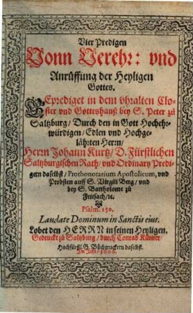 Vier Predigen Vonn Verehr: vnd Anruffung der Heyligen Gottes