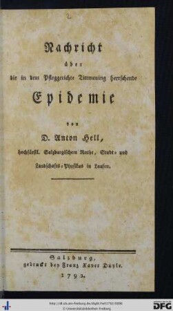 Nachricht über die in dem Pfleggerichte Tittmoning herrschende Epidemie