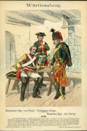 Uniformdarstellung, Gemeine des Kürassier-Regiments, des Jäger-Korps zu Pferde und des Husaren-Regiments, Herzogtum Württemberg, 1759.