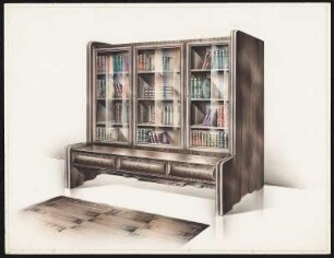 Bücherschrank, vorstehendes Unterteil mit drei Schiebern, oben Aufsatz mit drei Glastüren, vieretagig