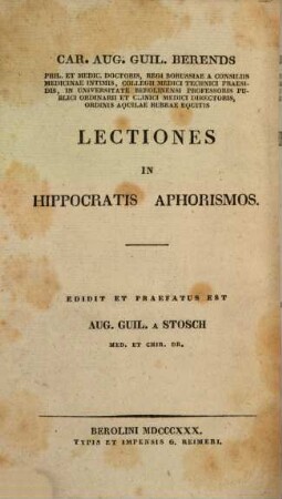 Car. Aug. Guil. Berends Operum postumorum, 2. Lectiones in Hippocratis aphorismos