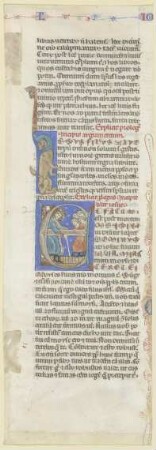 Initiale E: Ein nimbierter bärtiger Mann mit Stab belehrt eine Schar von Jünglingen (verso Textfragment)