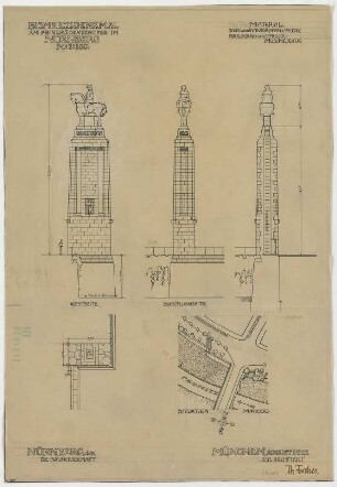 Fischer, Theodor; Nürnberg; Bismarckdenkmal - Lageplan, Grundriss, Ansichten, Schnitt