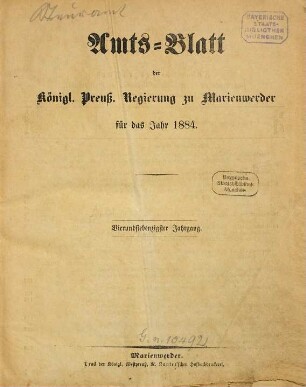 Amtsblatt für den Regierungsbezirk Marienwerder. 74. 1884