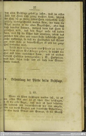 IV. Behandlung der Pferde bei'm Beschlage