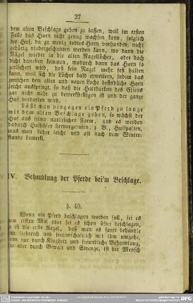 IV. Behandlung der Pferde bei'm Beschlage