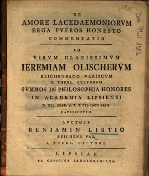 De Amore Lacedaemoniorvm Erga Pveros Honesto Commentatio