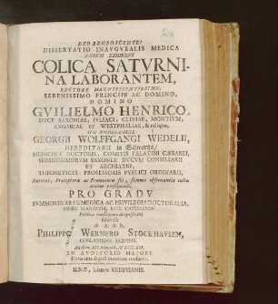 Dissertatio Inavgvralis Medica Ægrvm Exhibens Colica Satvrnina Laborantem