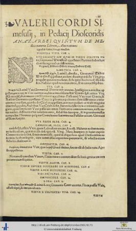 Valerii Cordi Annotationes In Dioscoridis Lib. V.