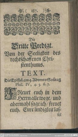 Die Dritte Predigt. Von der Seeligkeit des rechtschaffenen Christenthums