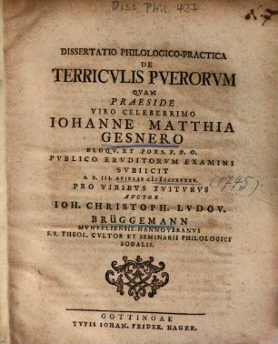 Dissertatio Philologico-Practica De Terricvlis Pverorvm