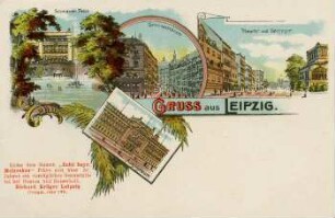 Gruss aus Leipzig: Schwanenteich, Grimmaischestr., Theater und Göthestr., Augusteum