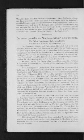 Die ersten "moralischen Wochenschriften" in Deutschland. : Ein Stück Hamburger Kulturgeschichte.