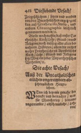 Die achte Ursach/ Auß der Uncatholischen etlichen ungereimbten abscheuwlichen Hauptlehren.