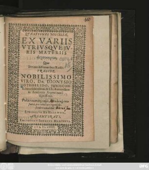 Quaestiones Miscellae, Ex Variis Utriusque Iuris Materiis depromptae