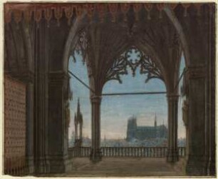 Die Jungfrau von Orleans. Trauerspiel von Friedrich Schiller. Entwurf zur 8. Dekoration. Gotische Halle mit Blick auf Reims