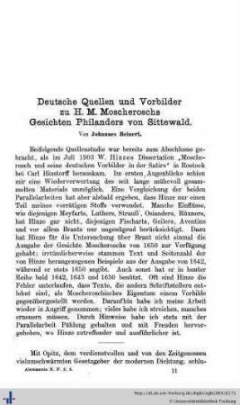 Deutsche Quellen und Vorbilder zu H. M. Moscheroschs Gesichten Philanders von Sittewald.