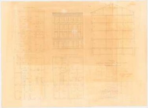 Wohnhäuser Platzmann, Breslau Umbau: Grundriss Keller, Erdgeschoss, 1. - 3. Obergeschoss, Aufriss, Querschnitt, Lageplan, Maßstabsleiste (Fuß rhl.)
