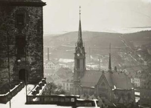 Mylau. Ortsansicht von der Burg Mylau über die Stadtkirche (1890)