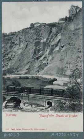 Postkarte mit Blick aus dem Plauenschen Grund mit Eisenbahnbrücke zur Begerburg in Dölzschen bei Dresden