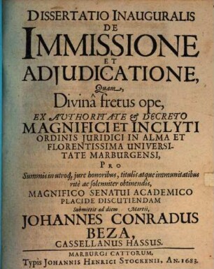 Dissertatio Inauguralis De Immissione Et Adiudicatione