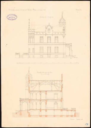 Schloss Stein, Hundsfeld: Aufriss der Nordfassade, Querschnitt, Maßstabsleiste