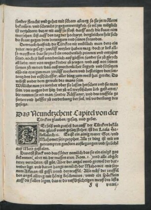 Das Neundtzehent Capitel von der Türcken glauben/ gesatz/ und gebet.