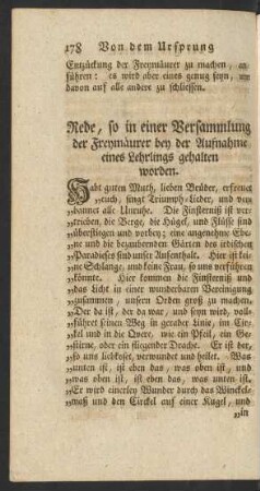 Rede, so in einer Versammlung der Freymäurer bey der Aufnahme eines Lehrlings gehalten worden
