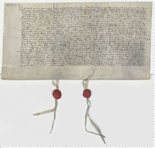 Eheberedung des Jochim Burow und der Catharine, Tochter des Evert Veltem, besiegelt durch die Ratsmannen Claus Stoterogge und Diderick Praust.