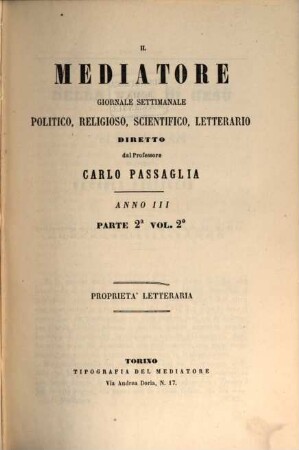 Il Mediatore : giornale settimanale politico, religioso, scientifico, letterario. 3,[2]. 1864