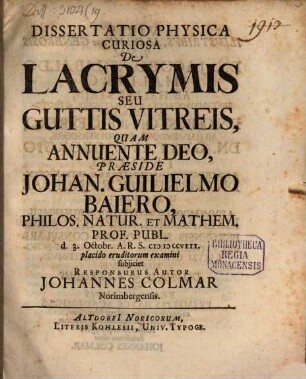 Dissertatio Physica Curiosa De Lacrymis Seu Guttis Vitreis