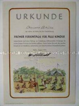 Urkunde für Helfer bei der Durchführung "Frohe Ferientage für alle Kinder"