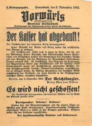 Extraausgabe des "Vorwärts": "Der Kaiser hat abgedankt!"