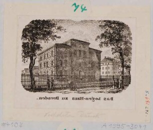 Das Versammlungsgebäude/Logenhaus der Dresdner Freimaurerlogen an der Ostraallee gegenüber dem Zwingerteich in Dresden