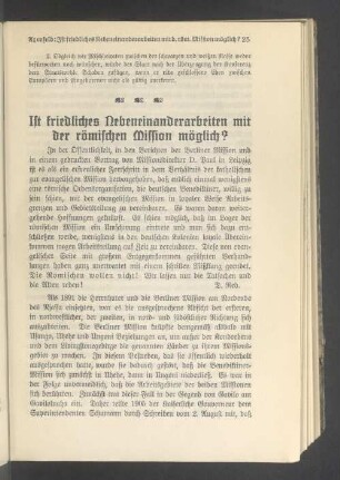 Ist friedliches Nebeneinanderarbeiten mit der römischen Mission möglich ?