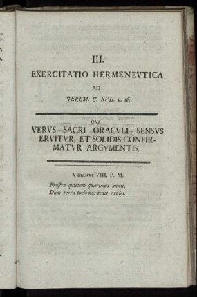 III. Exercitatio Hermeneutica Ad Jerem. C. XVII. v. 16.