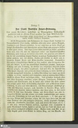 Anlage I. Der Stadt Budißin Feuer-Ordnung : von neuen Revidiret, verbessert, zu Männigliches Wissenschafft publiciret und in offenen Druck gegeben Im Jahr MDCLXXI